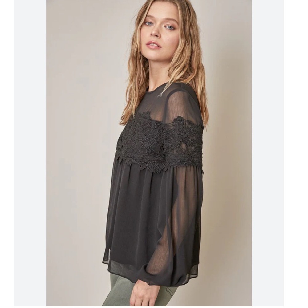 Mustard Seed Black Lace Sheer Long Sleeve Babydoll Blouse Top Whimsigoth Medium